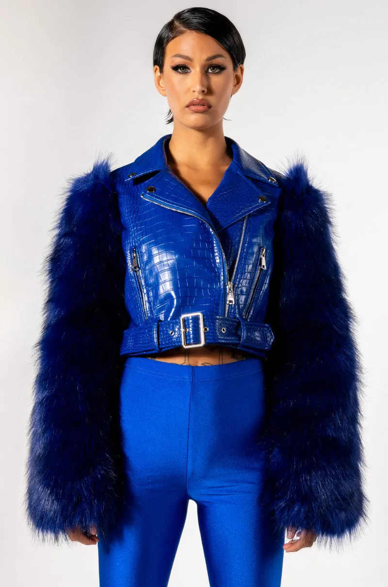 AZALEA WANG BLUE NOLLA FAUX FUR ARMS CROC MOTO JACKET