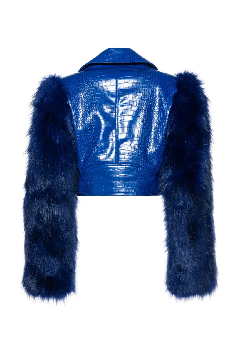 AZALEA WANG BLUE NOLLA FAUX FUR ARMS CROC MOTO JACKET