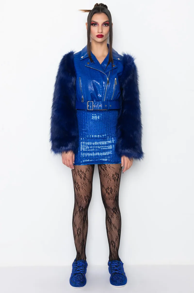 AZALEA WANG BLUE NOLLA FAUX FUR ARMS CROC MOTO JACKET