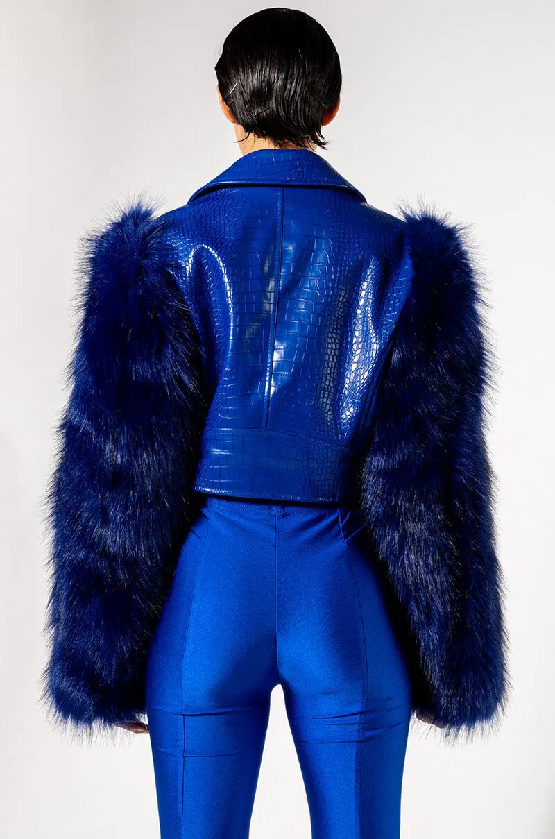 AZALEA WANG BLUE NOLLA FAUX FUR ARMS CROC MOTO JACKET