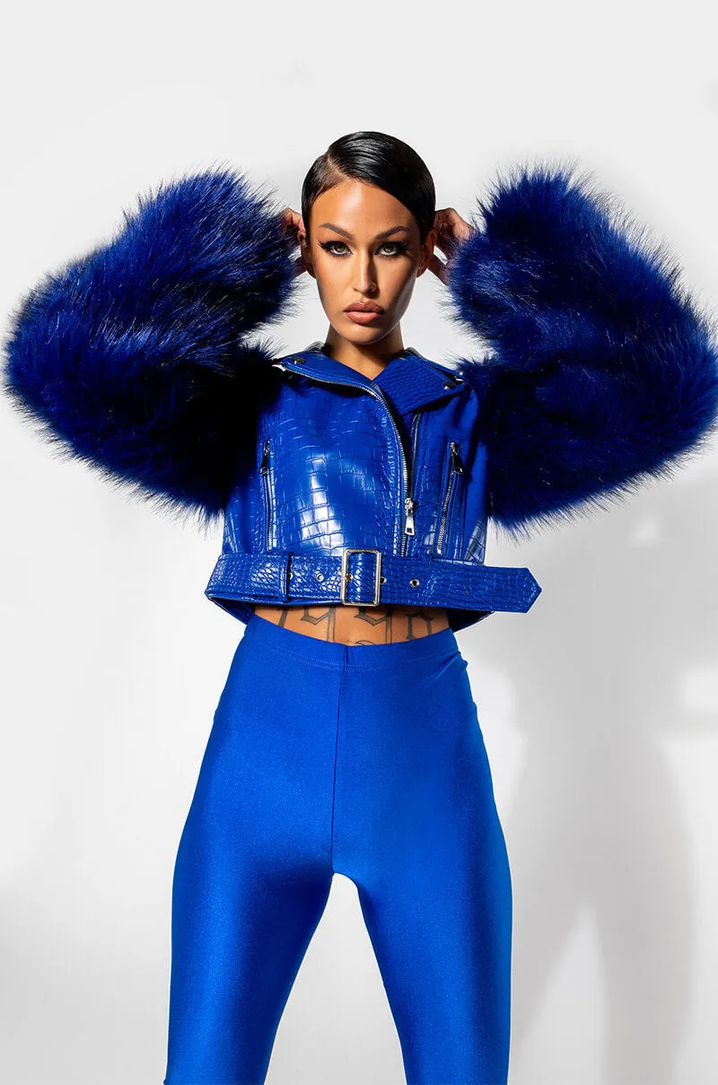 AZALEA WANG BLUE NOLLA FAUX FUR ARMS CROC MOTO JACKET
