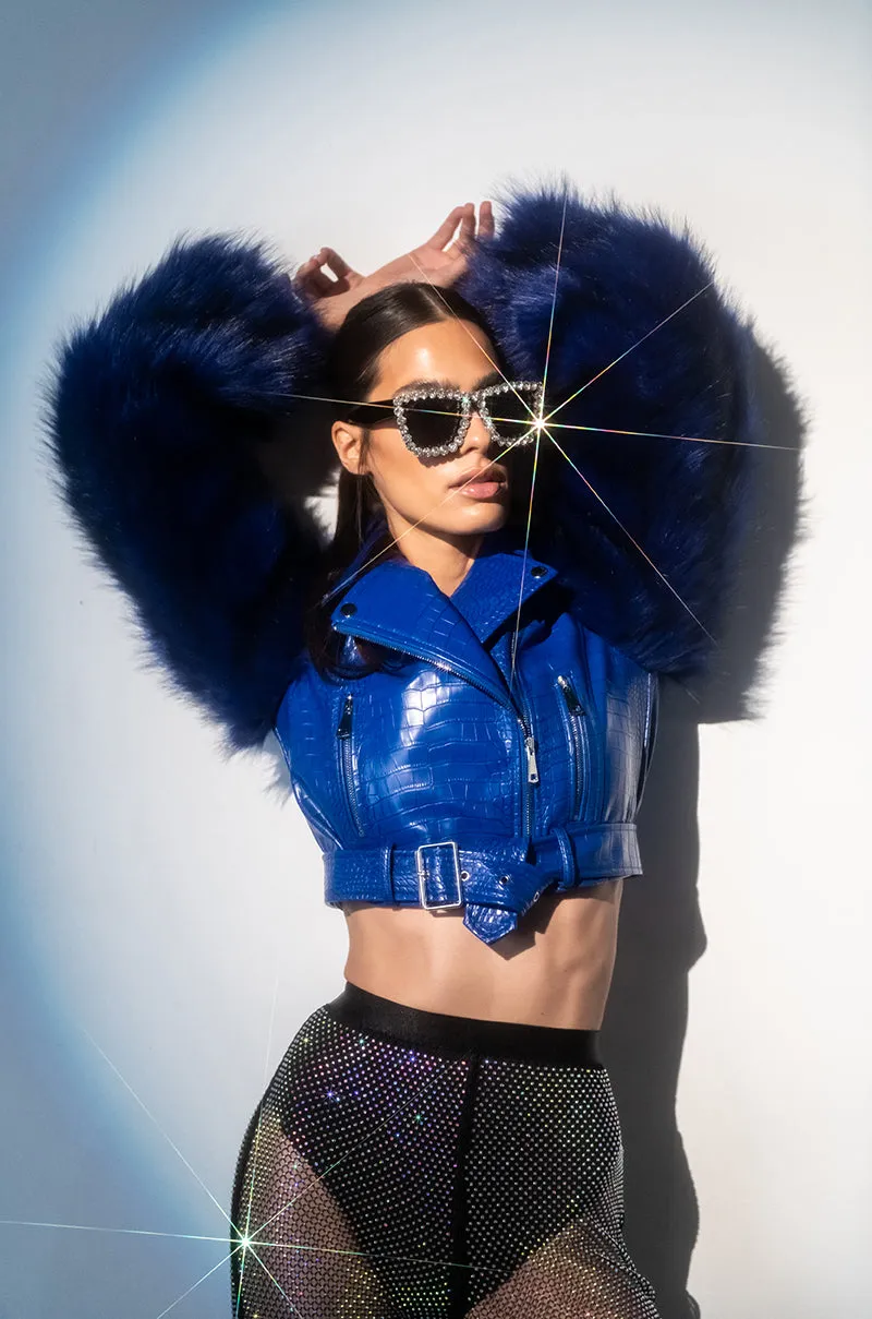 AZALEA WANG BLUE NOLLA FAUX FUR ARMS CROC MOTO JACKET