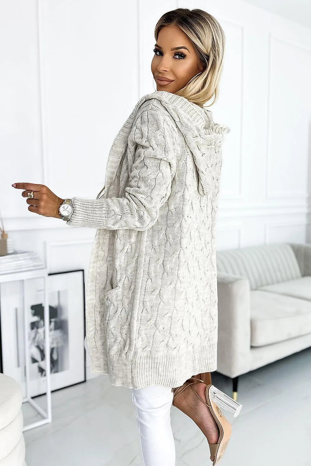 Beige Plaid Hooded Cardigan - Cozy Sweater with Functional Pockets