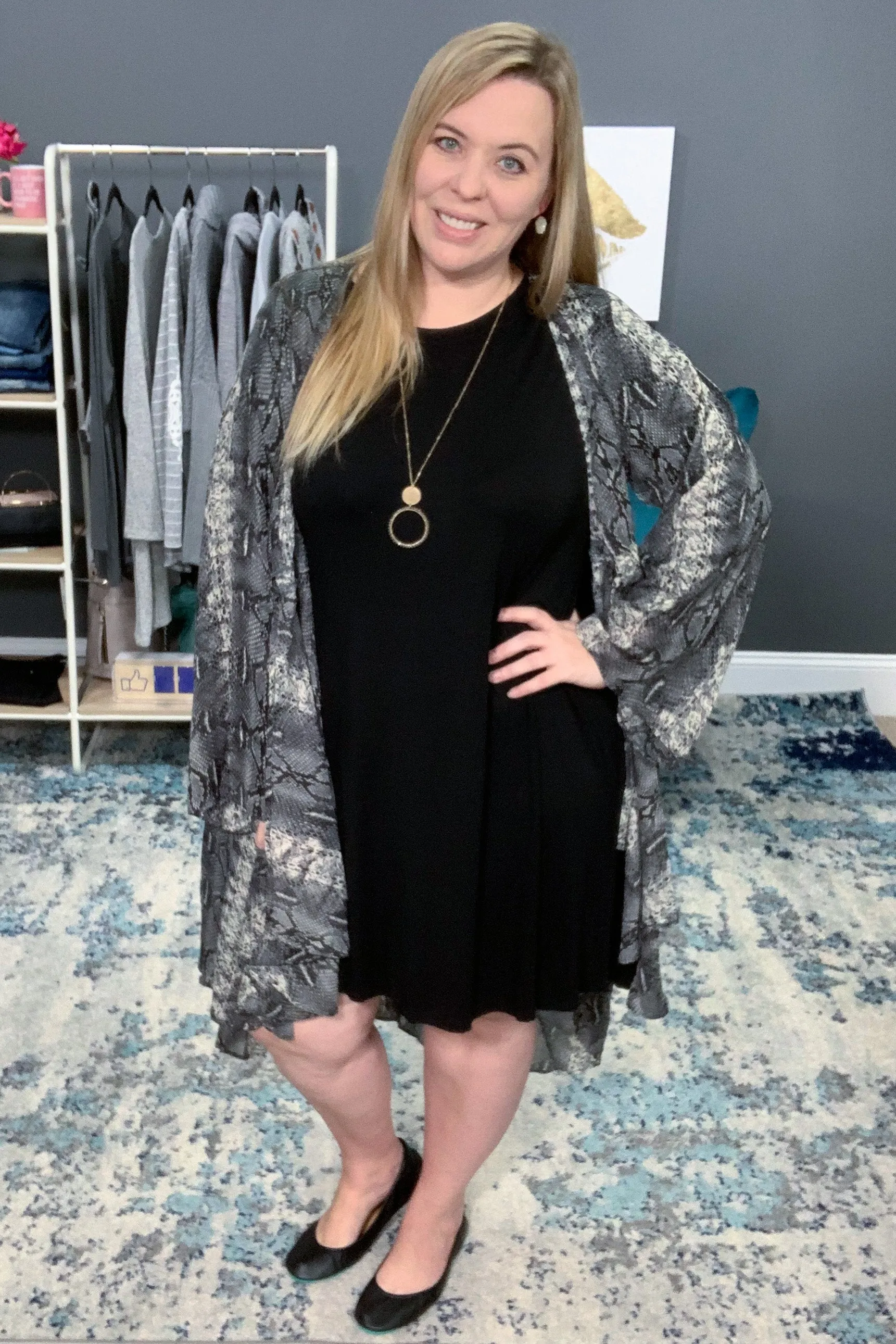 Black 3/4 Sleeve Scoop Swing Dress with Pockets