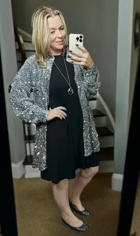 Black 3/4 Sleeve Scoop Swing Dress with Pockets