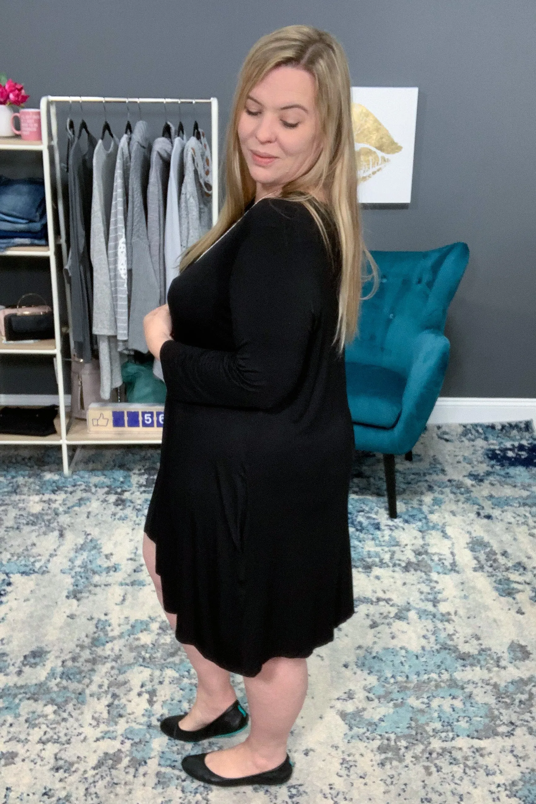 Black 3/4 Sleeve Scoop Swing Dress with Pockets