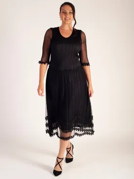 Black Mock Layer Daisy Chain Trim Crush Pleat Mesh Dress