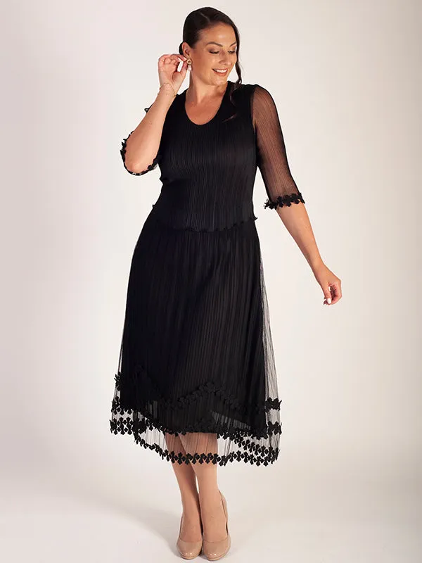 Black Mock Layer Daisy Chain Trim Crush Pleat Mesh Dress