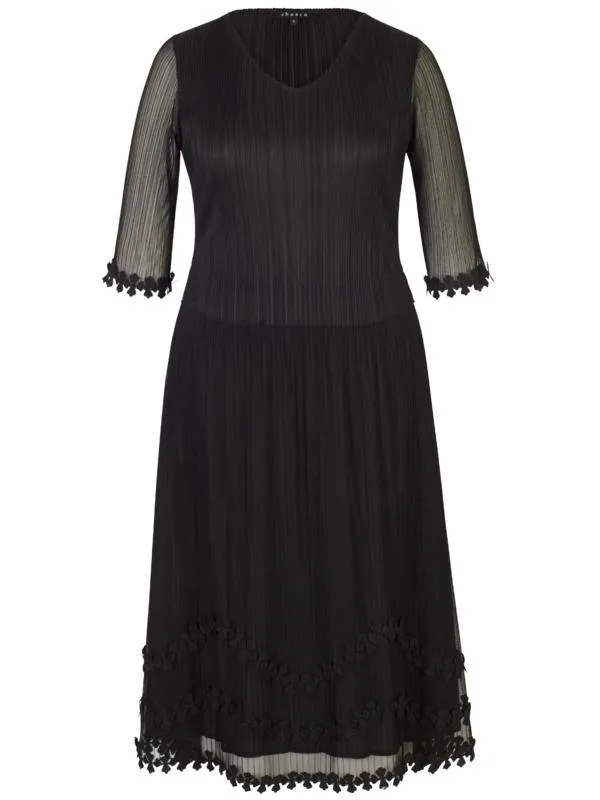 Black Mock Layer Daisy Chain Trim Crush Pleat Mesh Dress