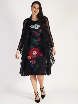 Black Printed Floral Panel Plissé Dress