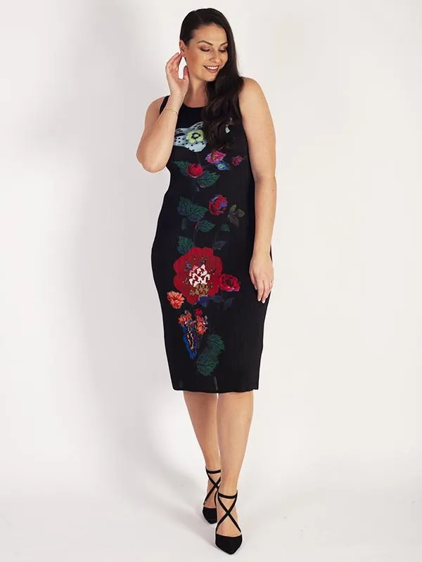 Black Printed Floral Panel Plissé Dress