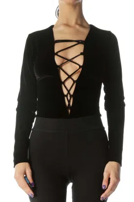 Black Velvet Recycled-Fabric Lace-up Long-Sleeve Body-Suit