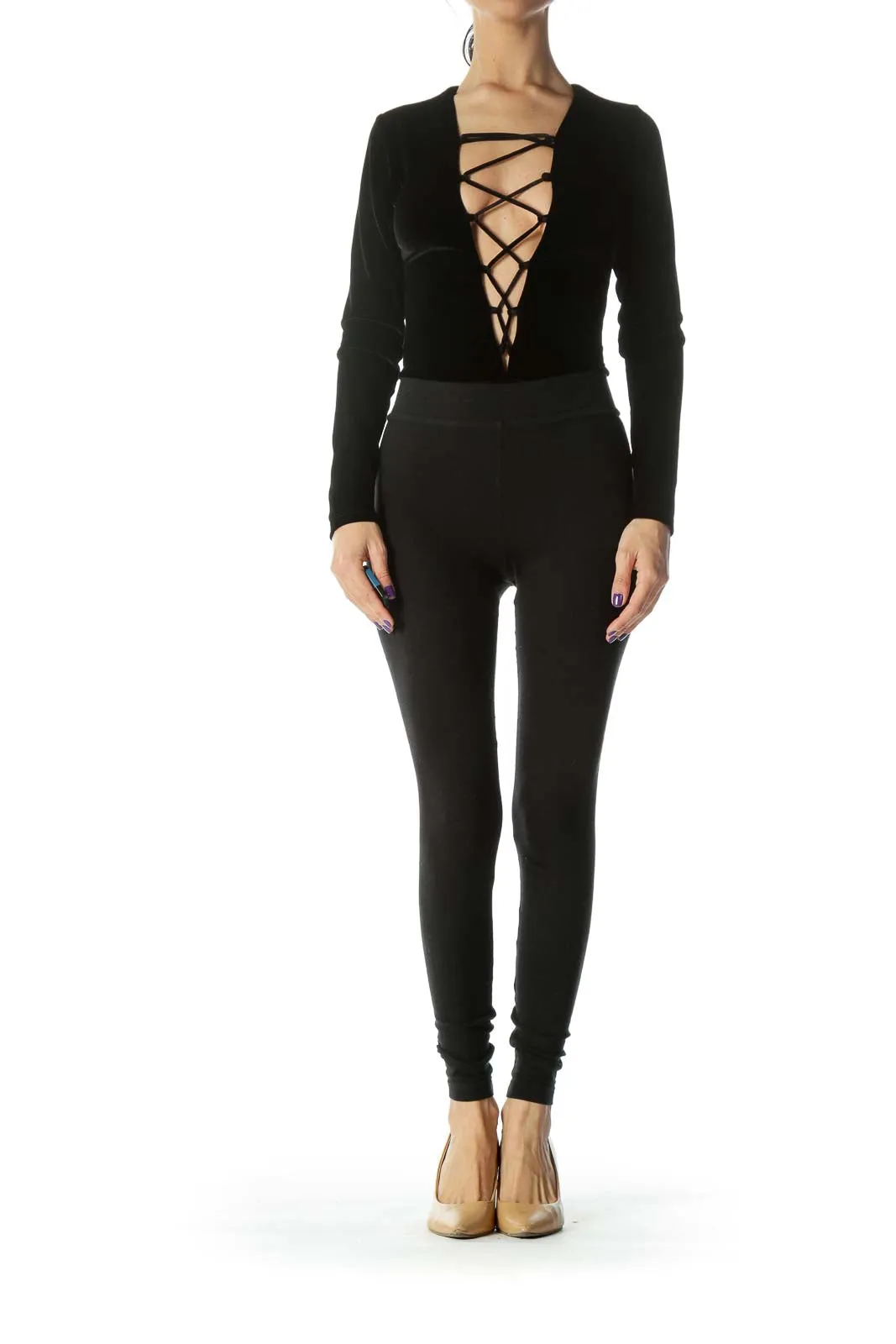 Black Velvet Recycled-Fabric Lace-up Long-Sleeve Body-Suit