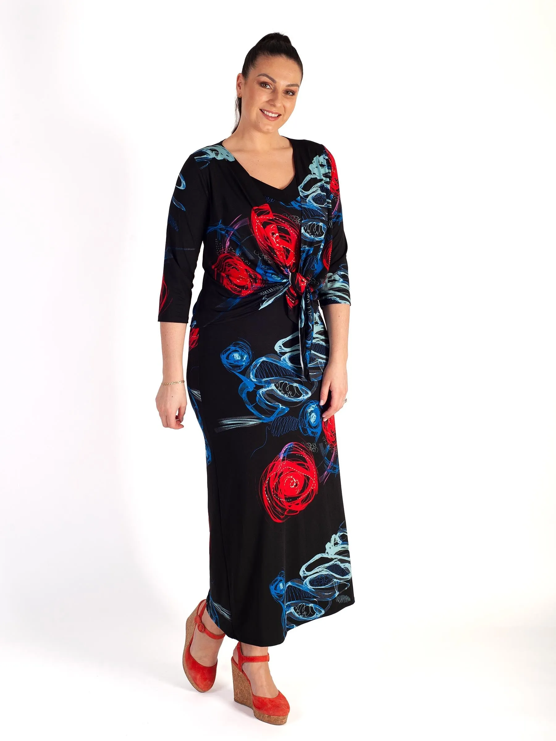 Black/Multi Print Sleeveless Jersey Maxi Dress