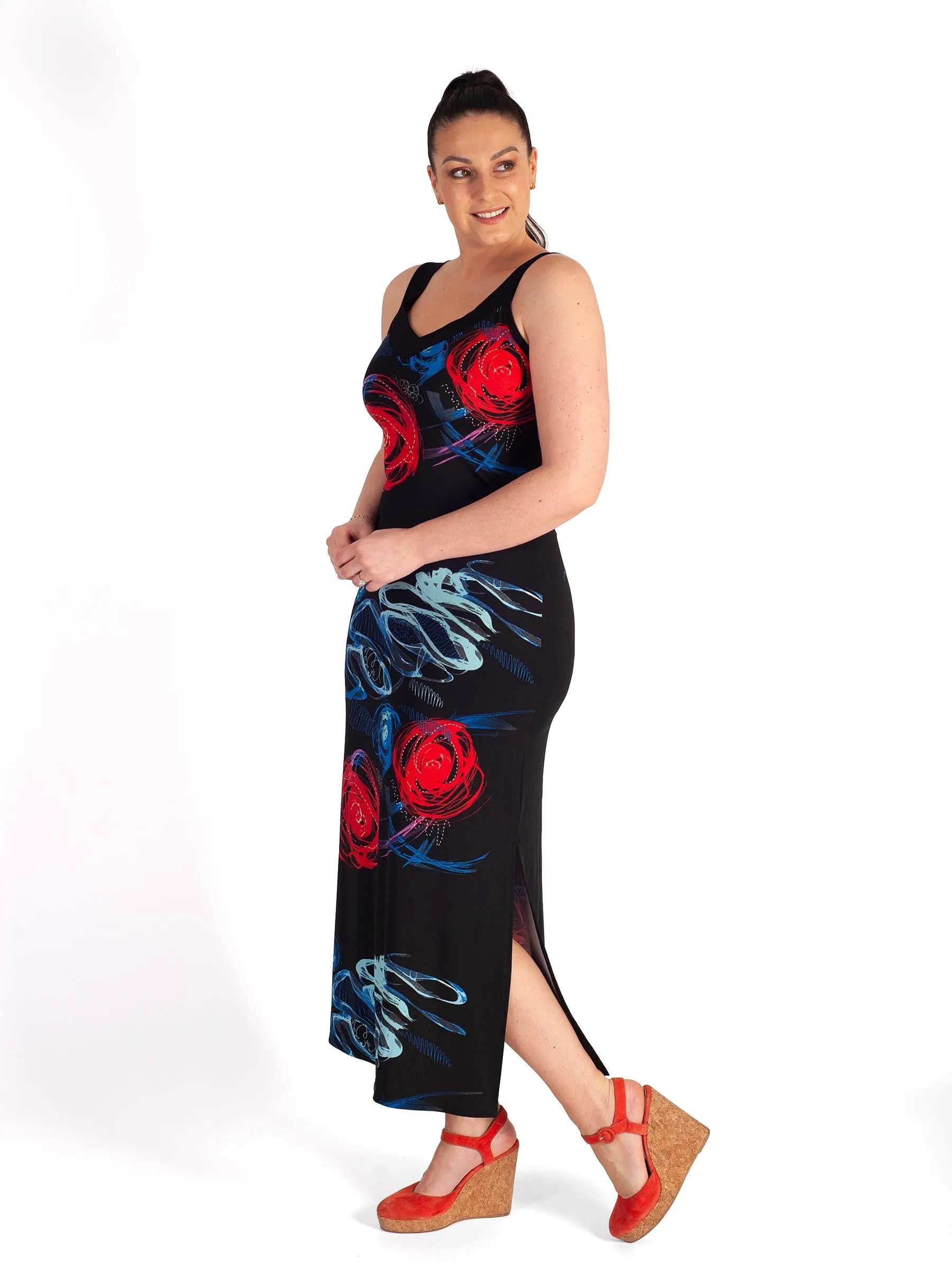 Black/Multi Print Sleeveless Jersey Maxi Dress