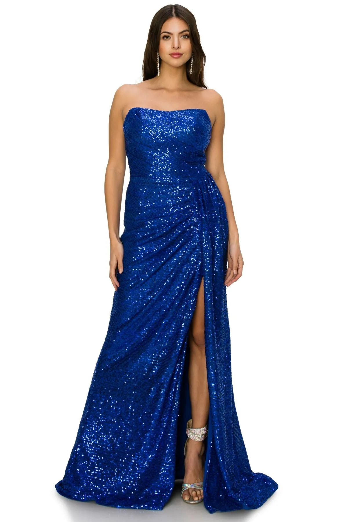 Bliss Fitted Strapless Ruched Sequin Slit Gown for Women, Sizes XS-3XL