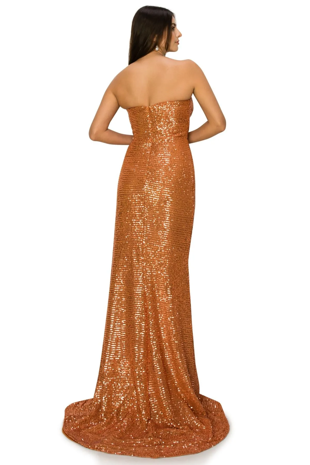 Bliss Fitted Strapless Ruched Sequin Slit Gown for Women, Sizes XS-3XL