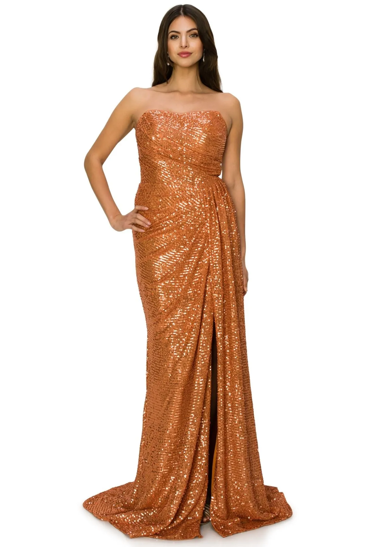 Bliss Fitted Strapless Ruched Sequin Slit Gown for Women, Sizes XS-3XL