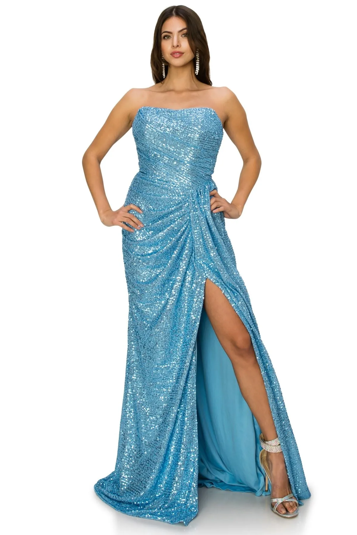 Bliss Fitted Strapless Ruched Sequin Slit Gown for Women, Sizes XS-3XL