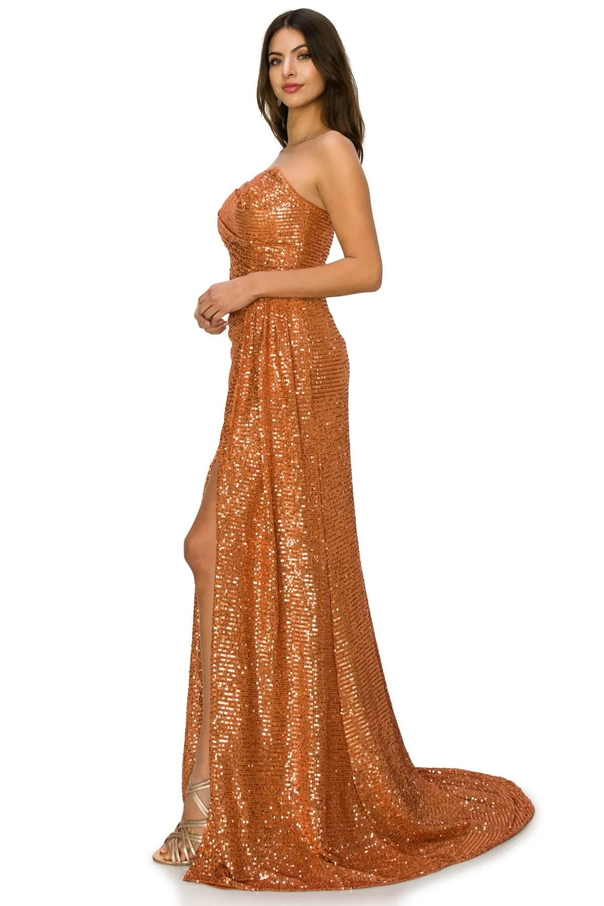 Bliss Fitted Strapless Ruched Sequin Slit Gown for Women, Sizes XS-3XL