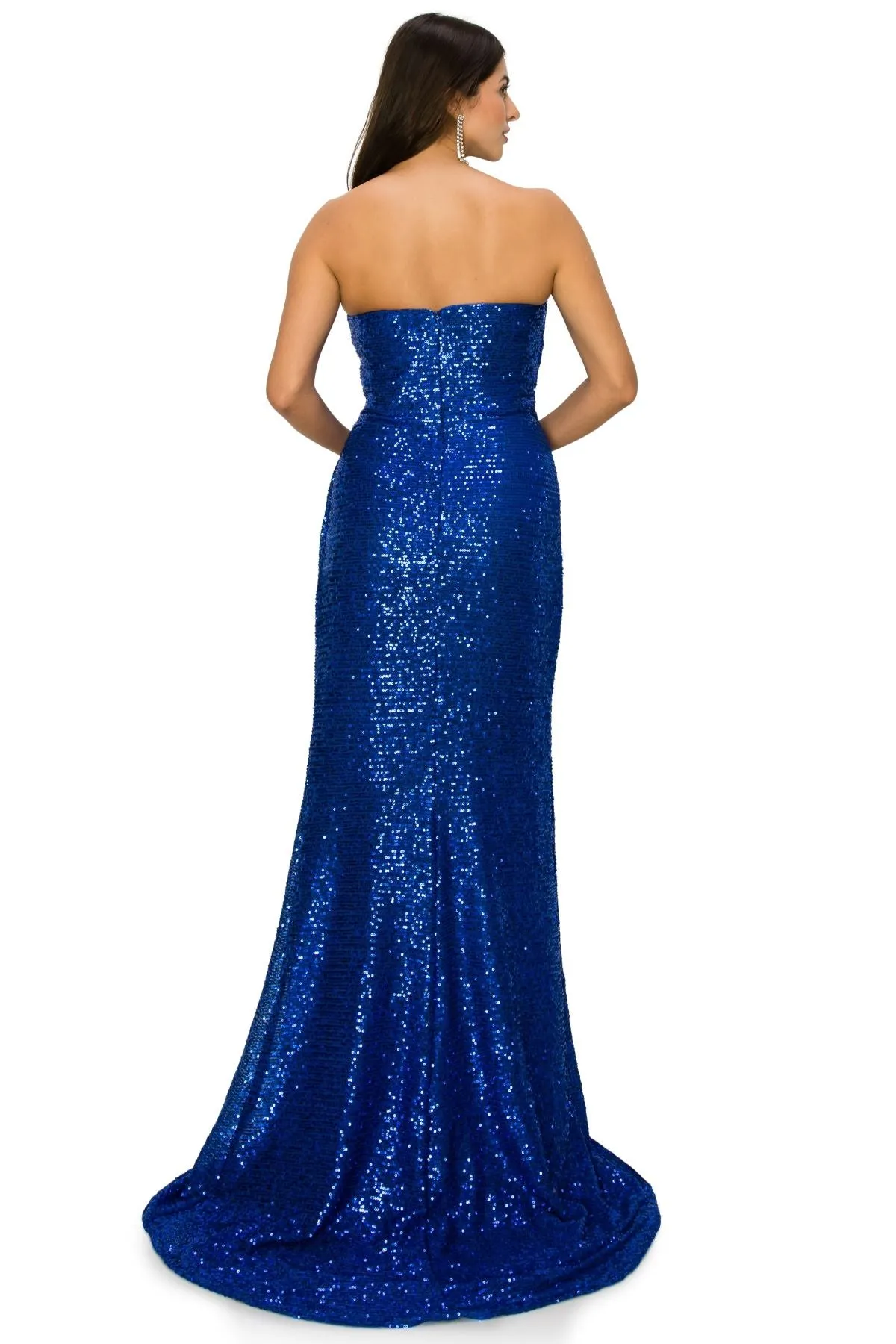 Bliss Fitted Strapless Ruched Sequin Slit Gown for Women, Sizes XS-3XL