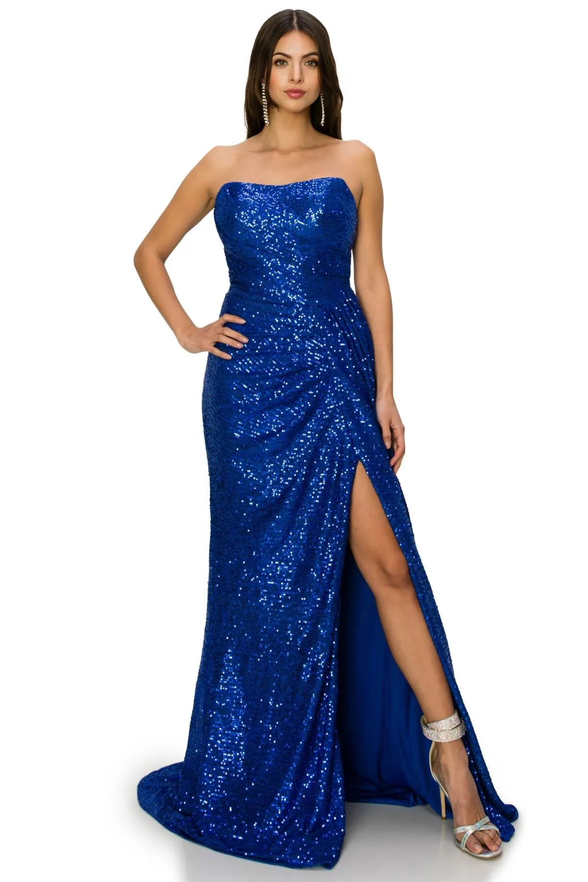 Bliss Fitted Strapless Ruched Sequin Slit Gown for Women, Sizes XS-3XL