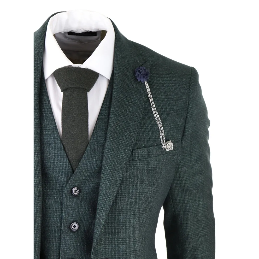 Caridi - Men's 3 Piece Check Suit Tweed Olive Green Wedding Peaky Classic
