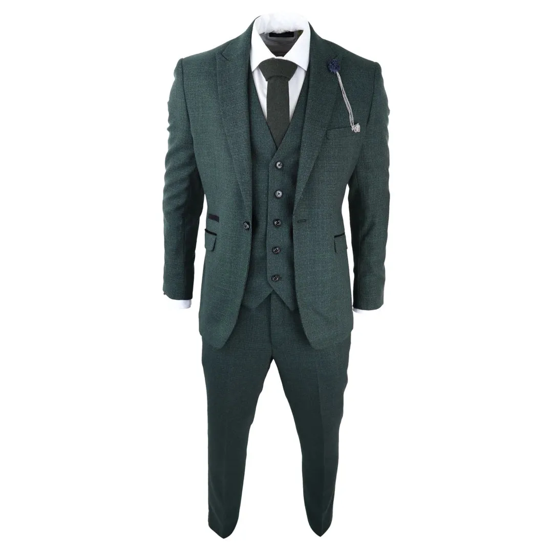 Caridi - Men's 3 Piece Check Suit Tweed Olive Green Wedding Peaky Classic