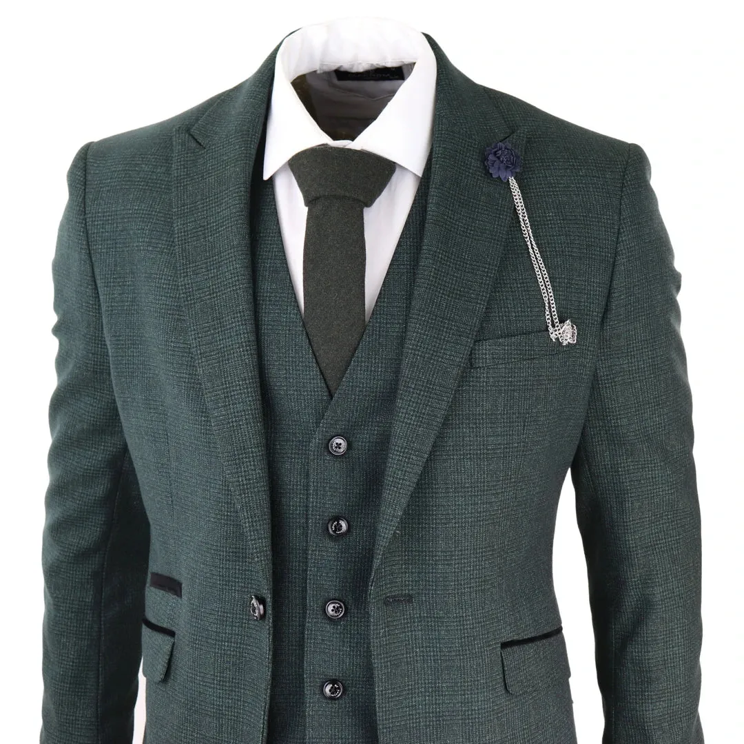 Caridi - Men's 3 Piece Check Suit Tweed Olive Green Wedding Peaky Classic