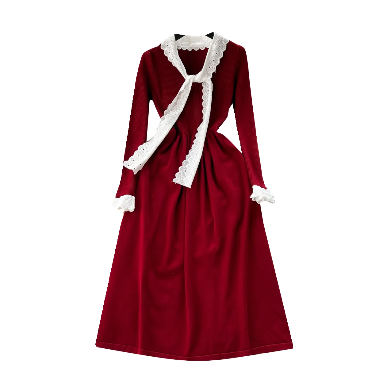 Color Blocking Bow-tie Collar Knitted Dress