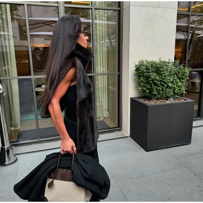 Elegant warm high neck Turtleneck faux Fur Sleeveless over coat vest