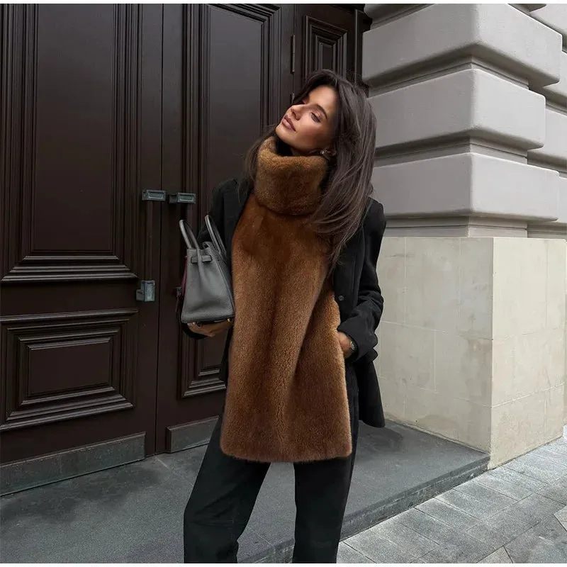 Elegant warm high neck Turtleneck faux Fur Sleeveless over coat vest