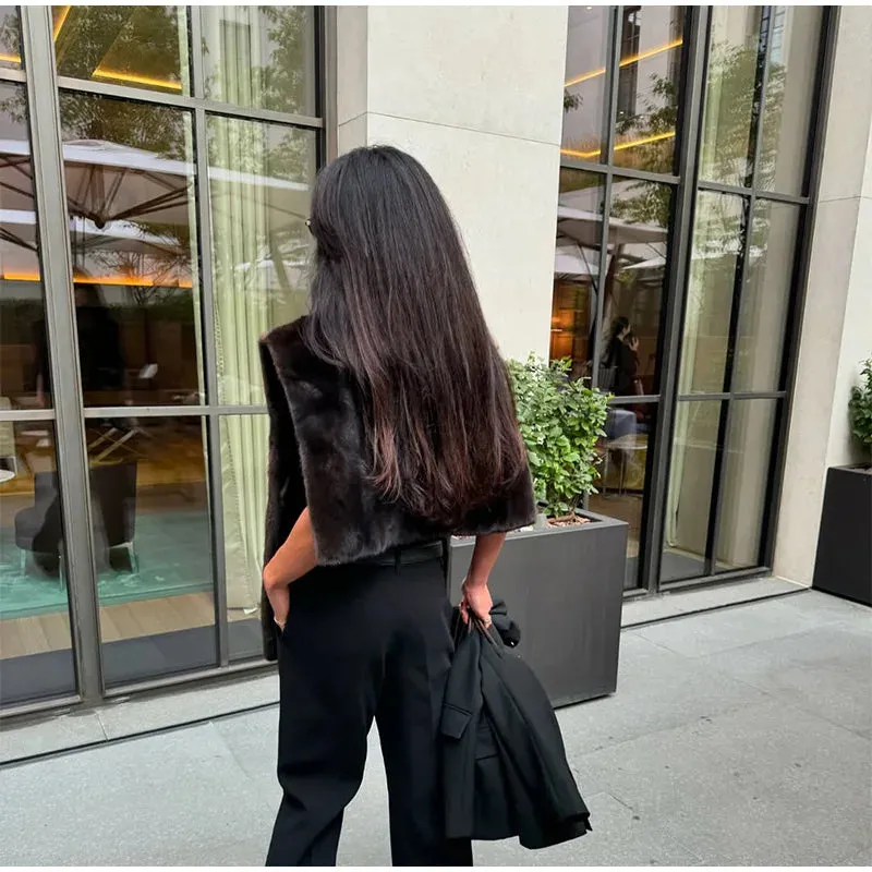 Elegant warm high neck Turtleneck faux Fur Sleeveless over coat vest