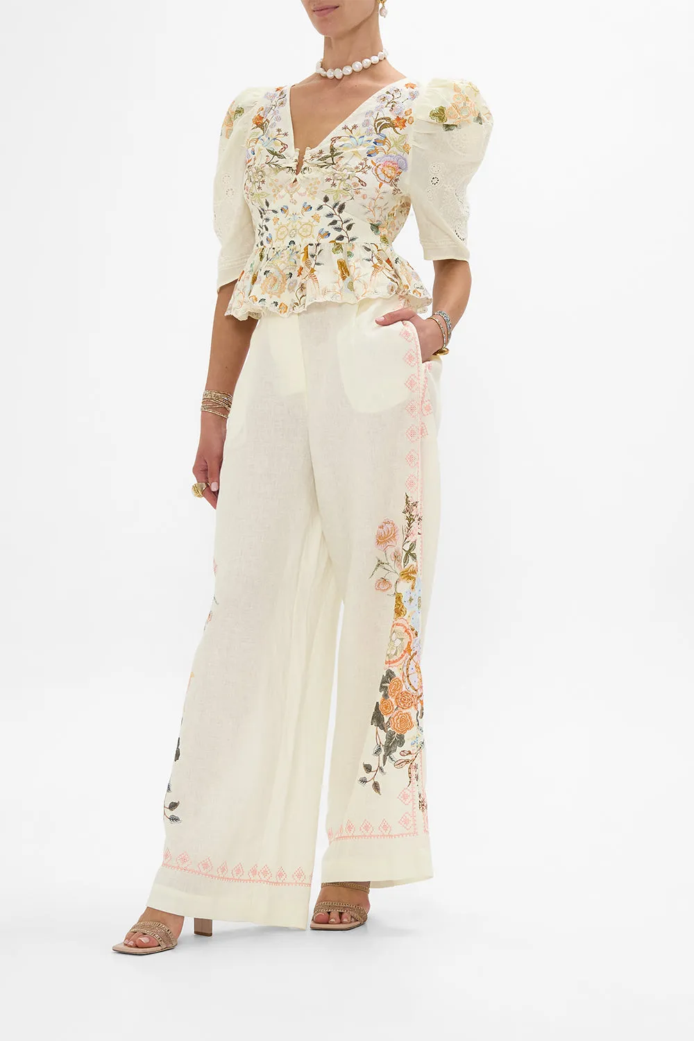 EMBROIDERED WIDE LEG WAISTED PANT IN HONOUR OF HEIRLOOMS