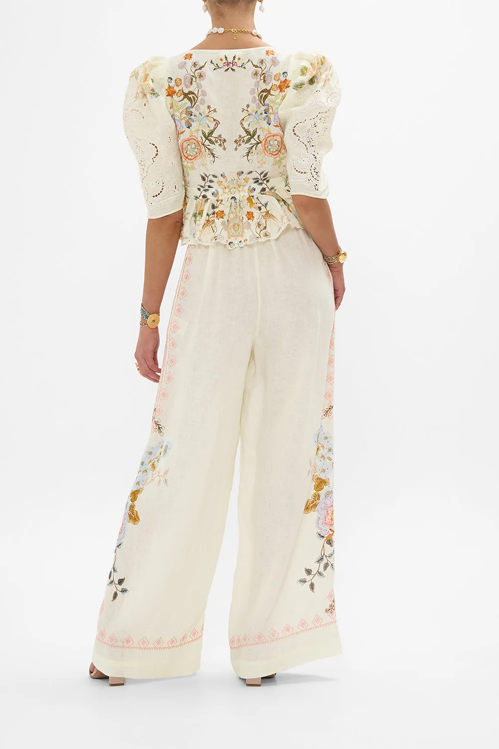 EMBROIDERED WIDE LEG WAISTED PANT IN HONOUR OF HEIRLOOMS