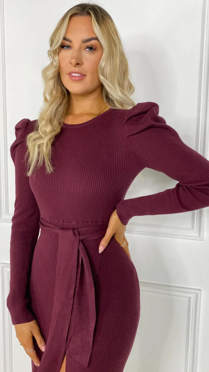 Evie Burgundy Belted Knit Dress
