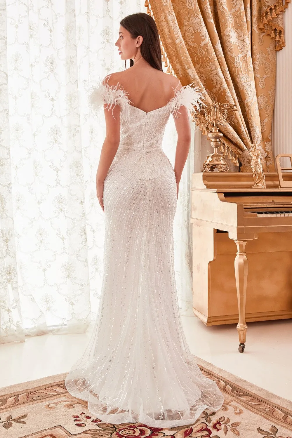 Feather Off The Shoulder Slit Gown By Ladivine CD0207W - Women Evening Formal Gown - Special Occasion