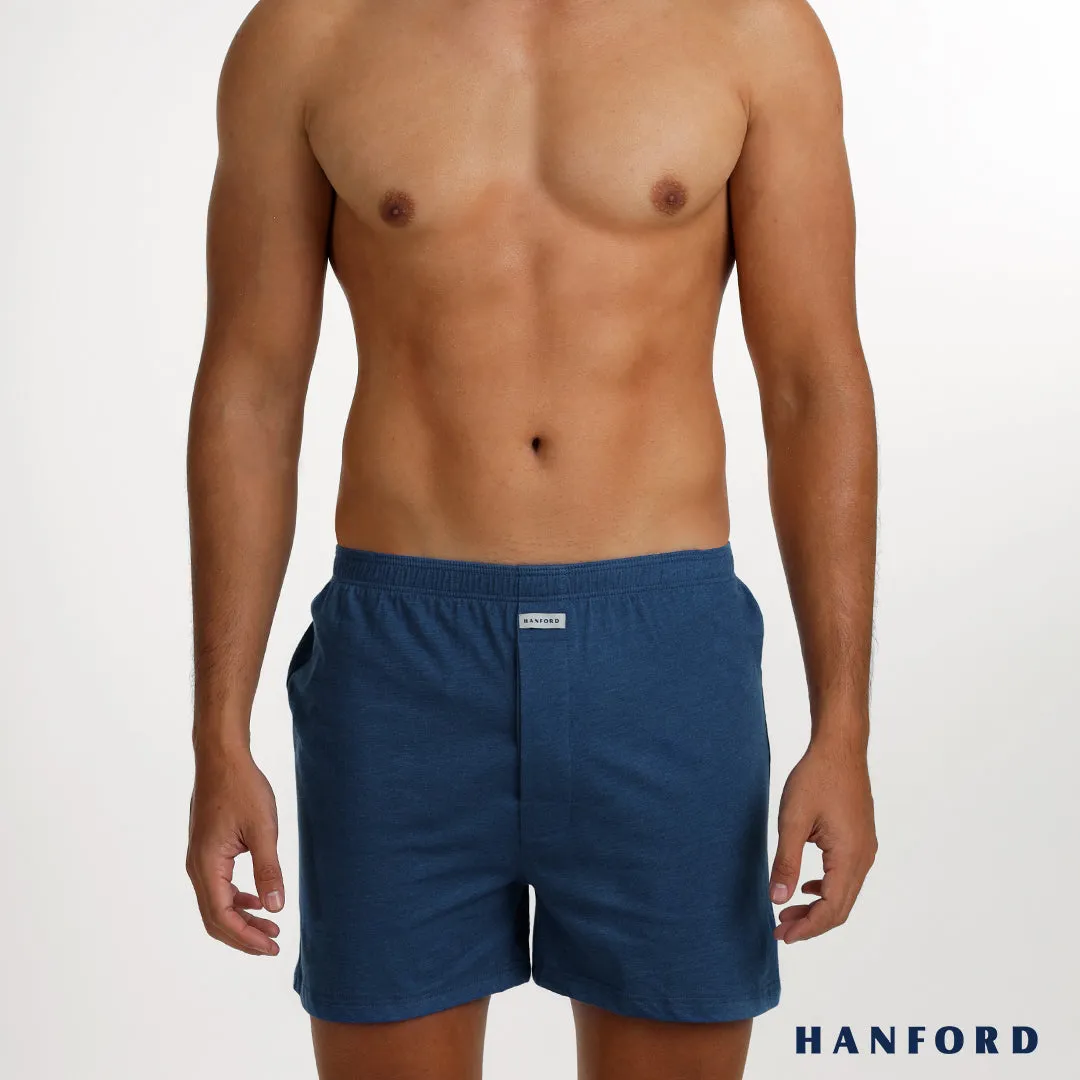 Hanford Men Premium Cotton Knit Lounge/Sleep/Boxer Shorts - Carib/True Blue/Denim (Single Pack)