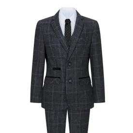 Harvey - Boys Grey Black 3 Piece Tweed Suit Herringbone Wine