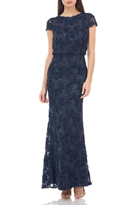 JS Collections Crew Neck Cap Sleeve Blouson Sequin Lace Gown