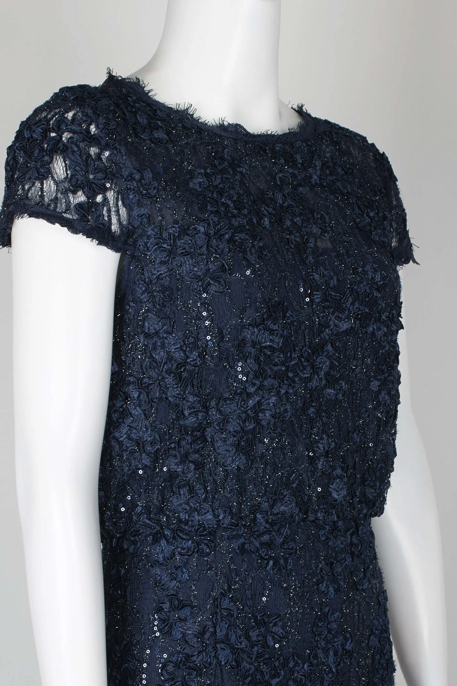 JS Collections Crew Neck Cap Sleeve Blouson Sequin Lace Gown