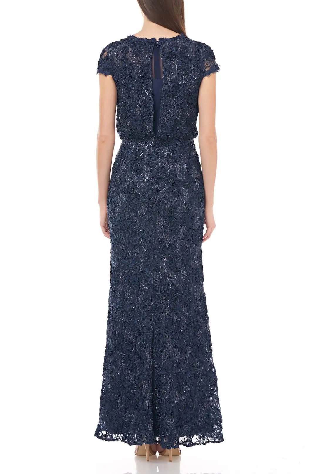 JS Collections Crew Neck Cap Sleeve Blouson Sequin Lace Gown