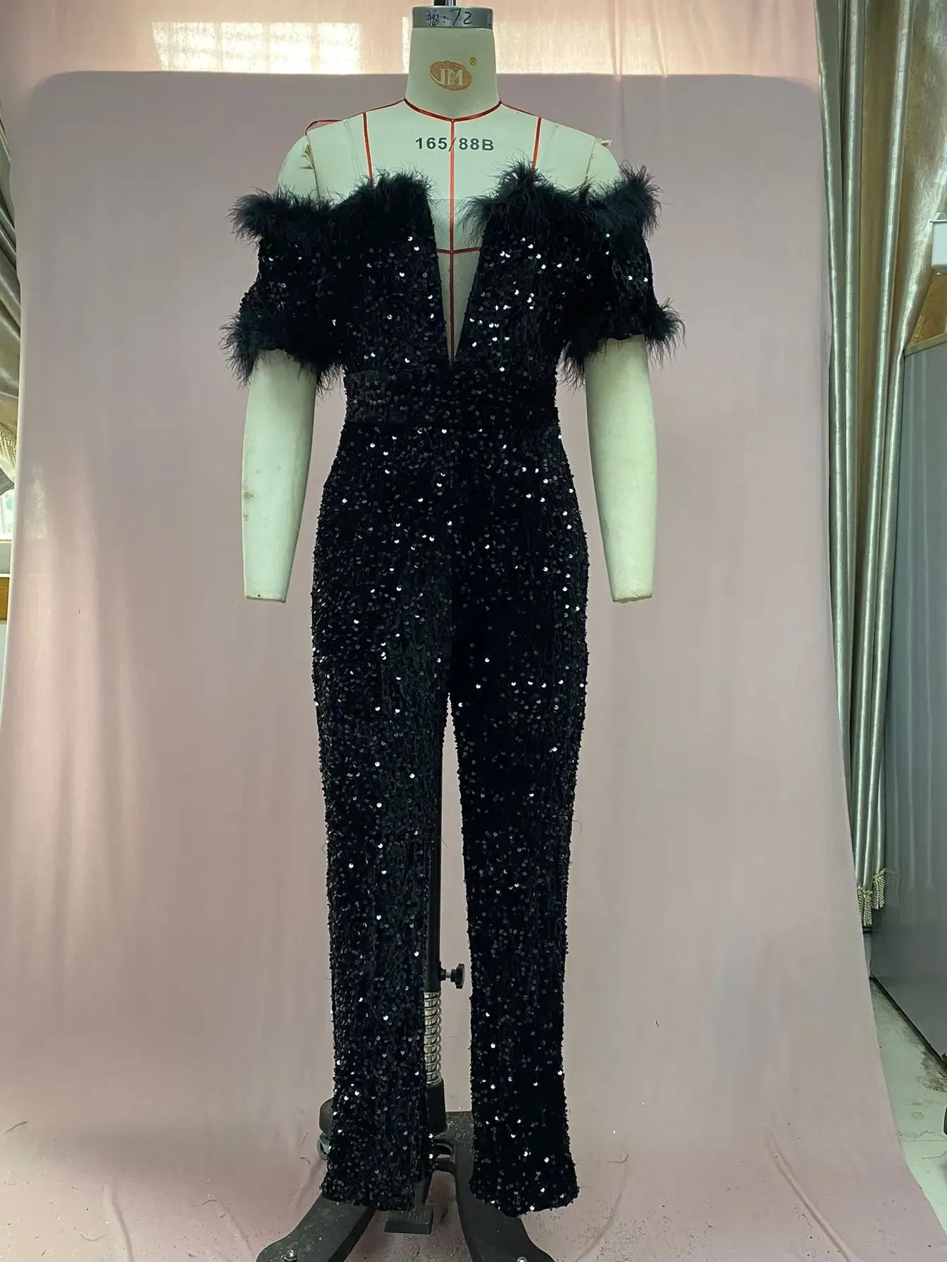 Kehinde Black Fur Off shoulder V-neck Sequin Jumpsuits (New)