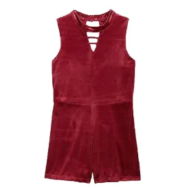 Kids Girl's Velvet Short Jumpsuit,Red