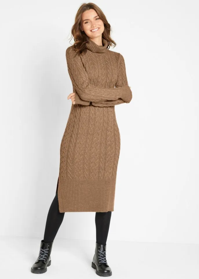 Knitted midi dress with structure Bpc Bonprix Collection, beige