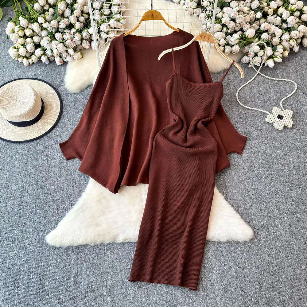 Knitted Shawl&Slip Dress 2Pcs