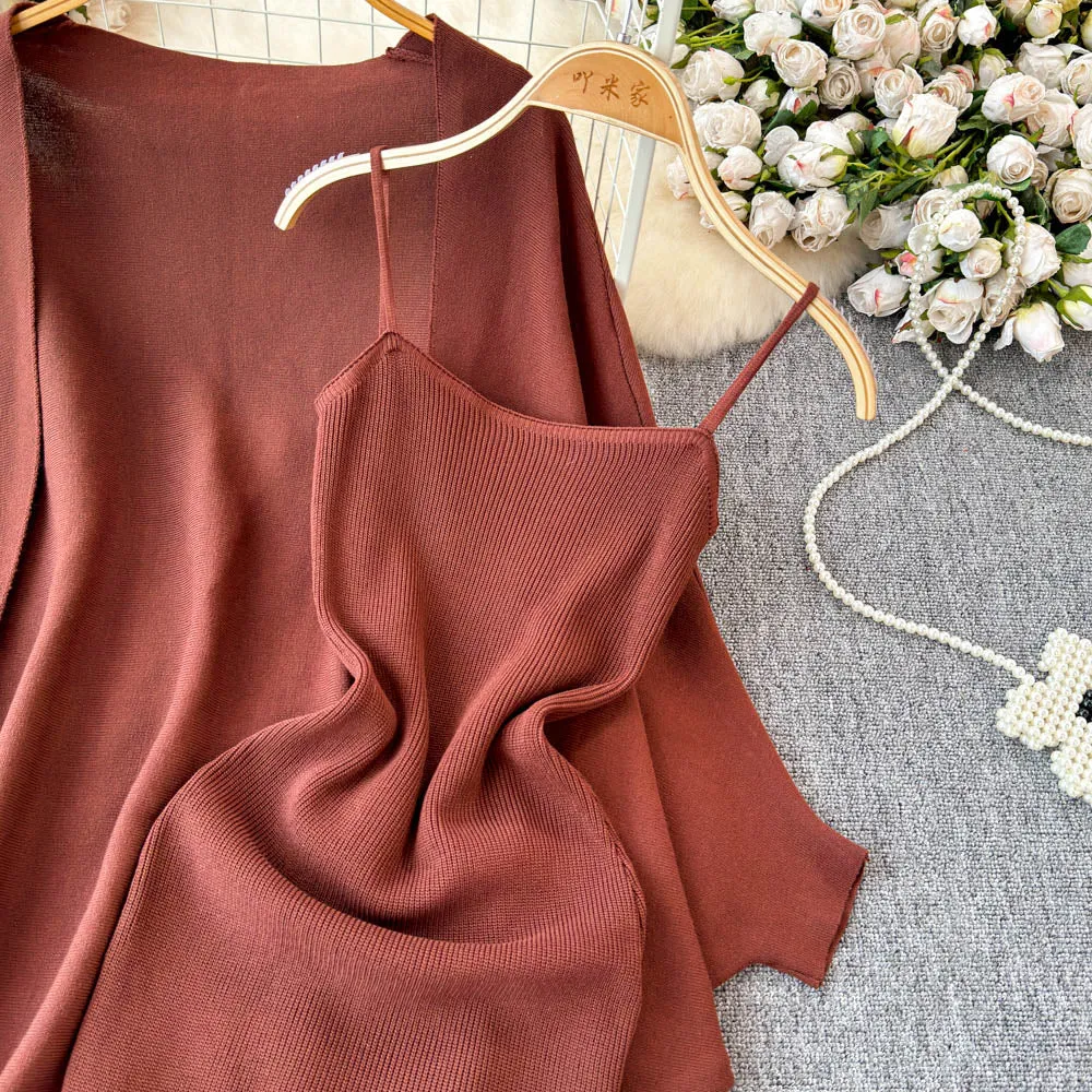 Knitted Shawl&Slip Dress 2Pcs