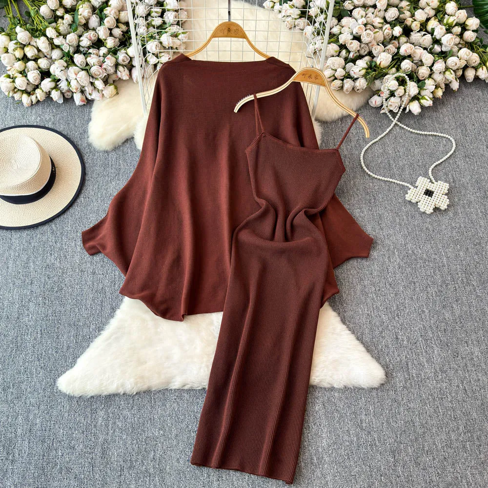 Knitted Shawl&Slip Dress 2Pcs