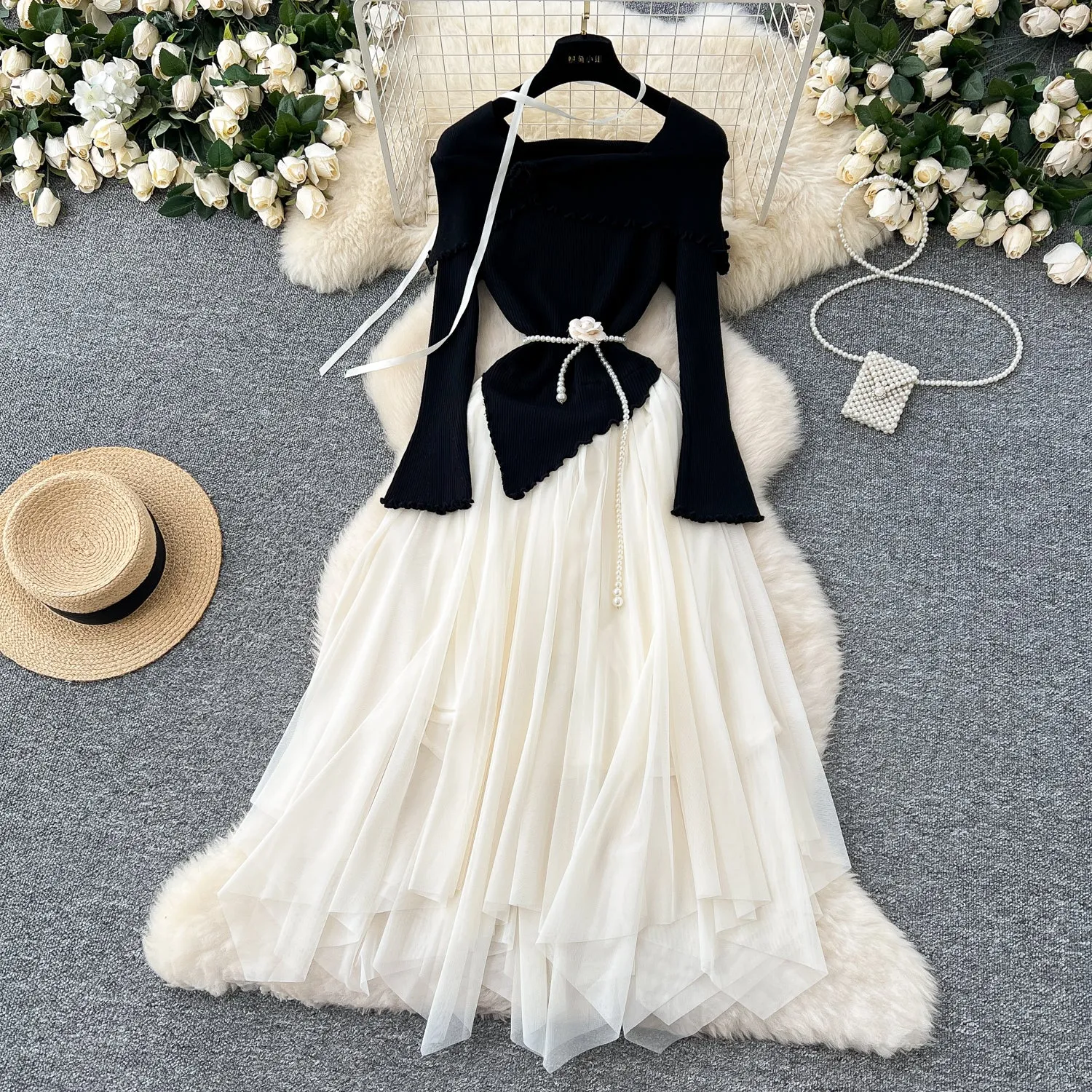 Knitted Top Mesh Patchwork Fairy Dress