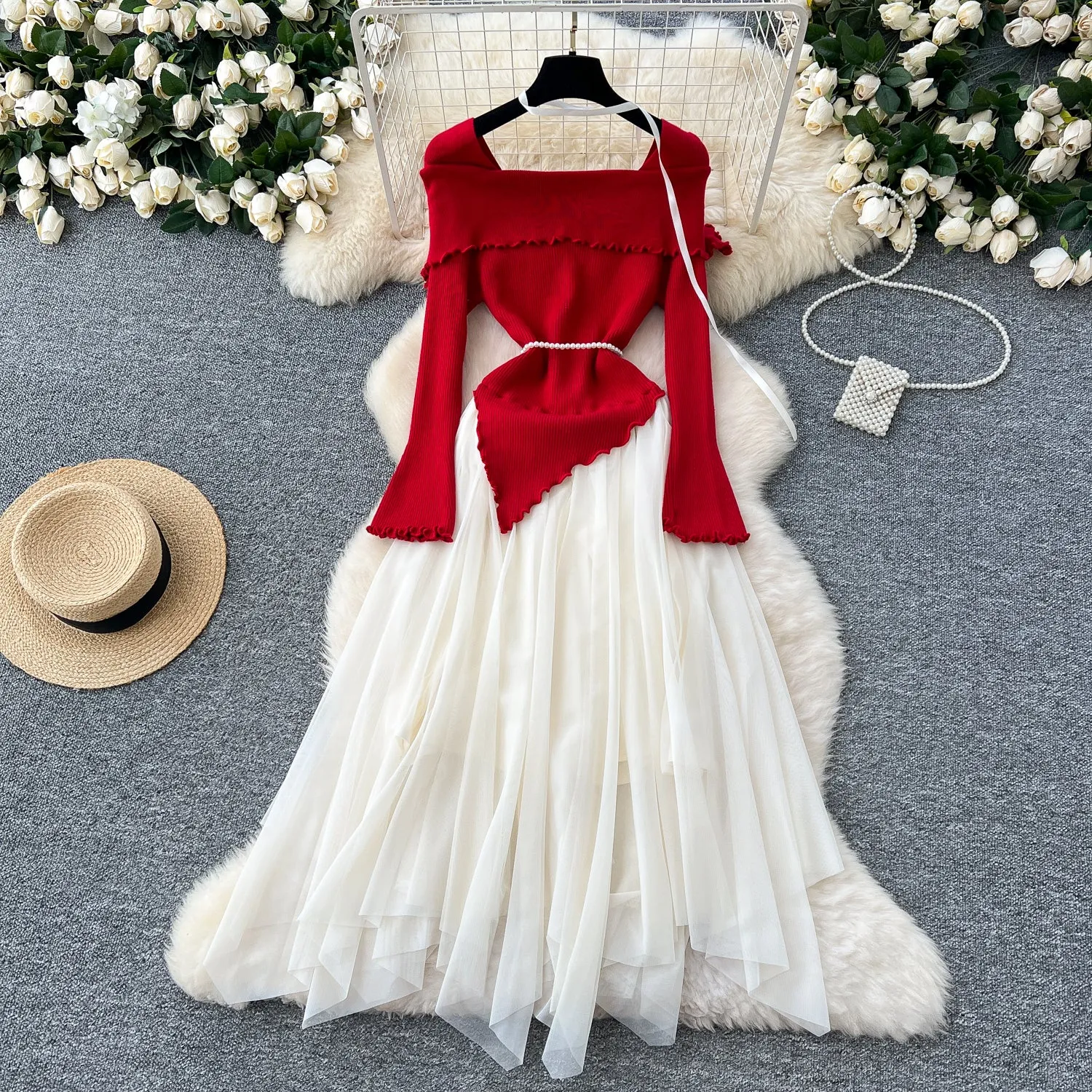 Knitted Top Mesh Patchwork Fairy Dress